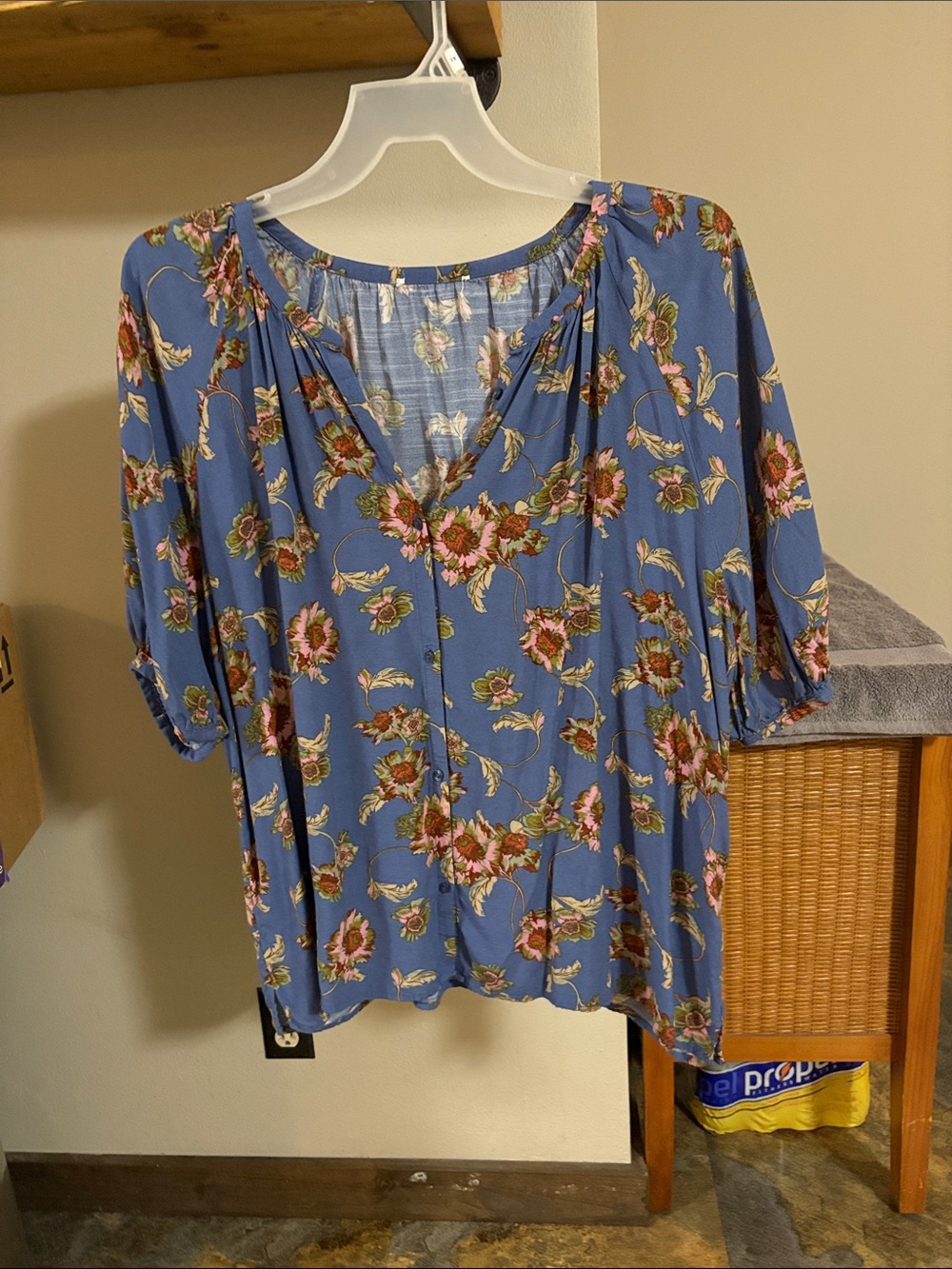 Blue Floral V-Neck Blouse with Pink Accents